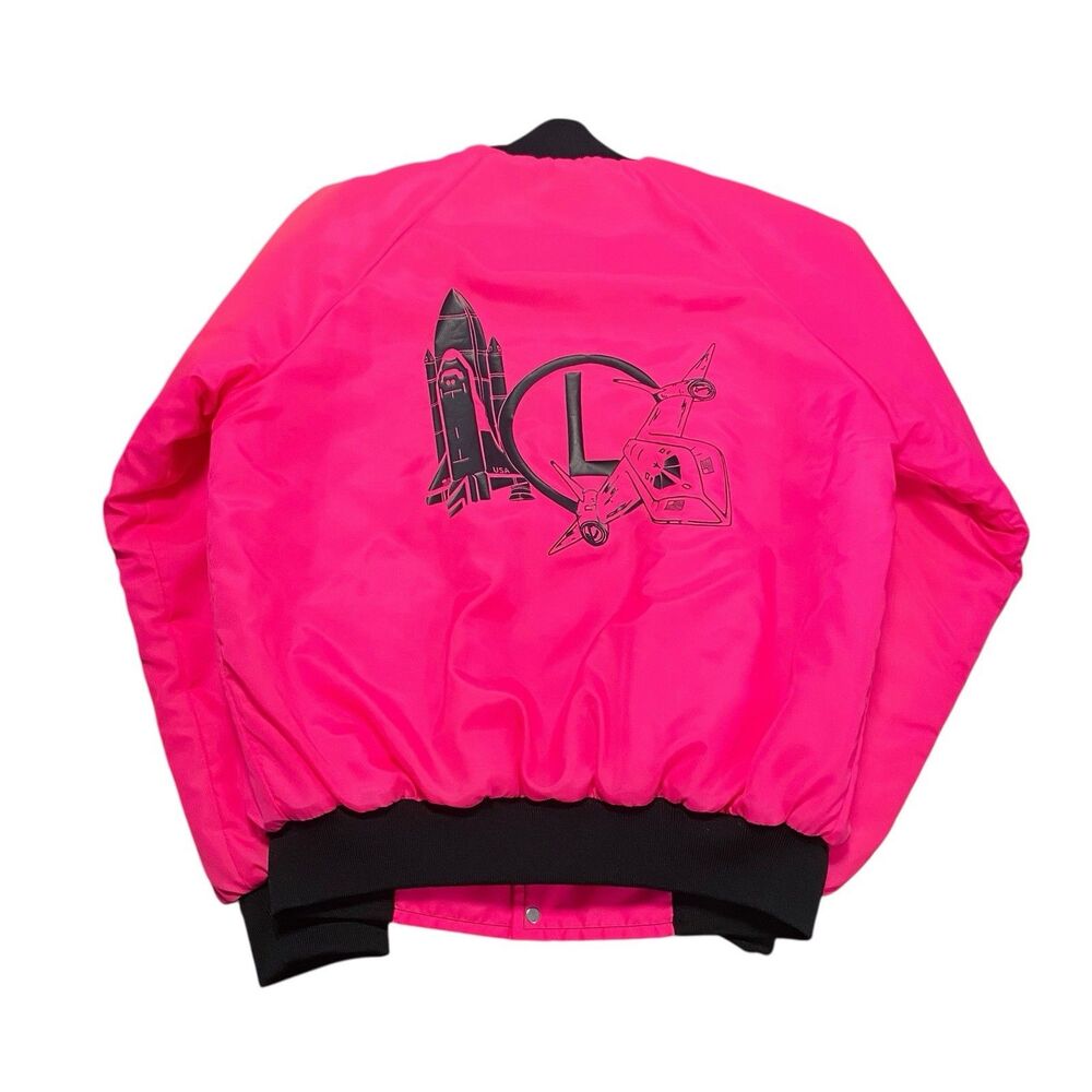 Vintage NASA Bomber Jacket Coat USA Made Pink Satin Style Print Space Men’s L